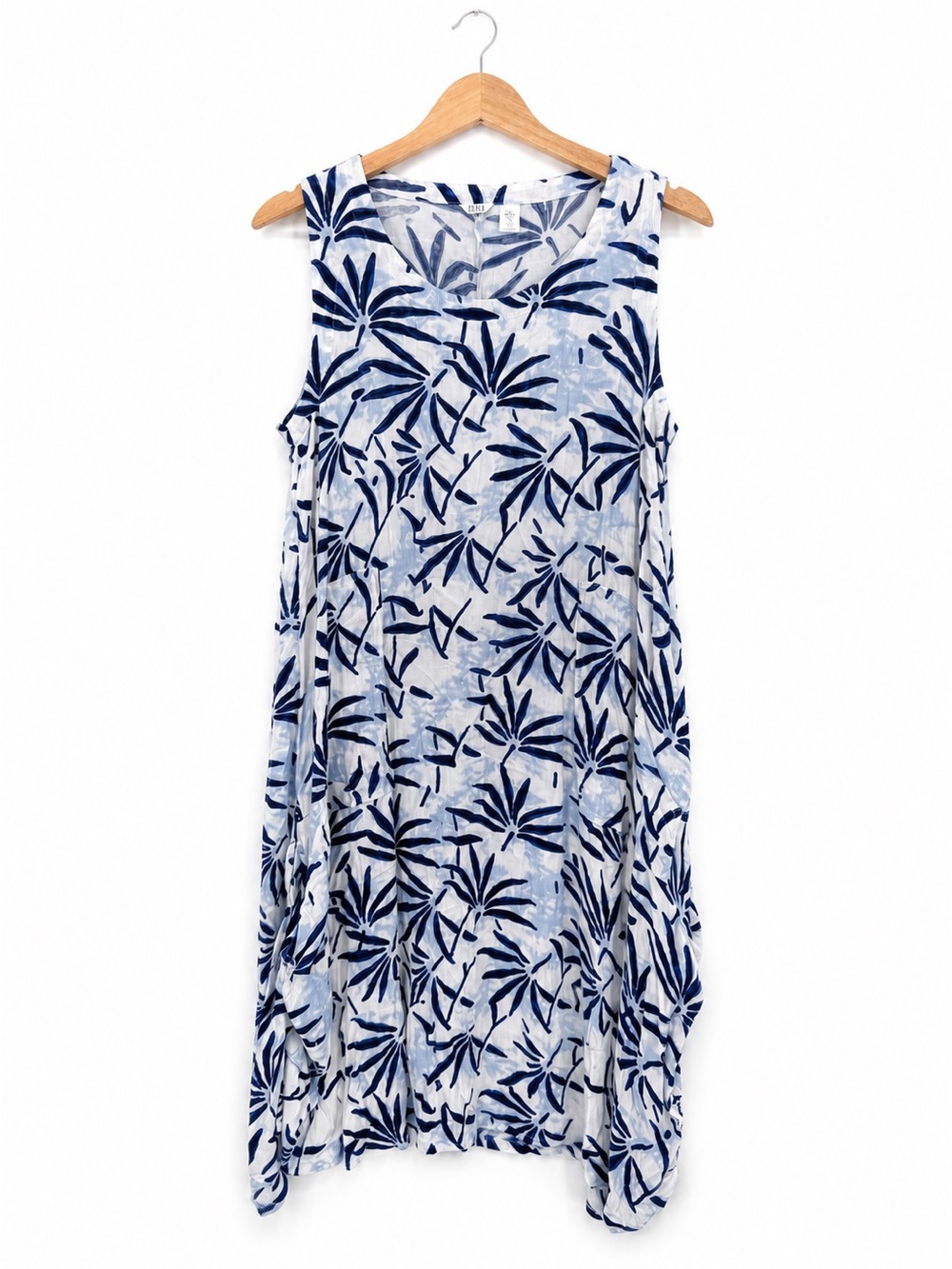 Kaktus Blue White Tropical Leaf Print Rayon Midi Dress Women's Large Cover Up